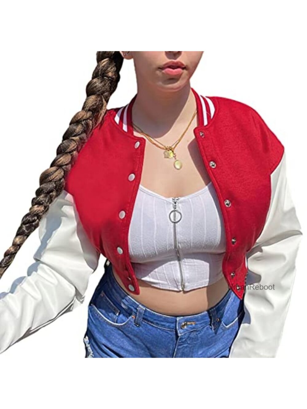 Casual Baseball Jacket Faux Leather Colorblock Button Crop Bomber Jacket
